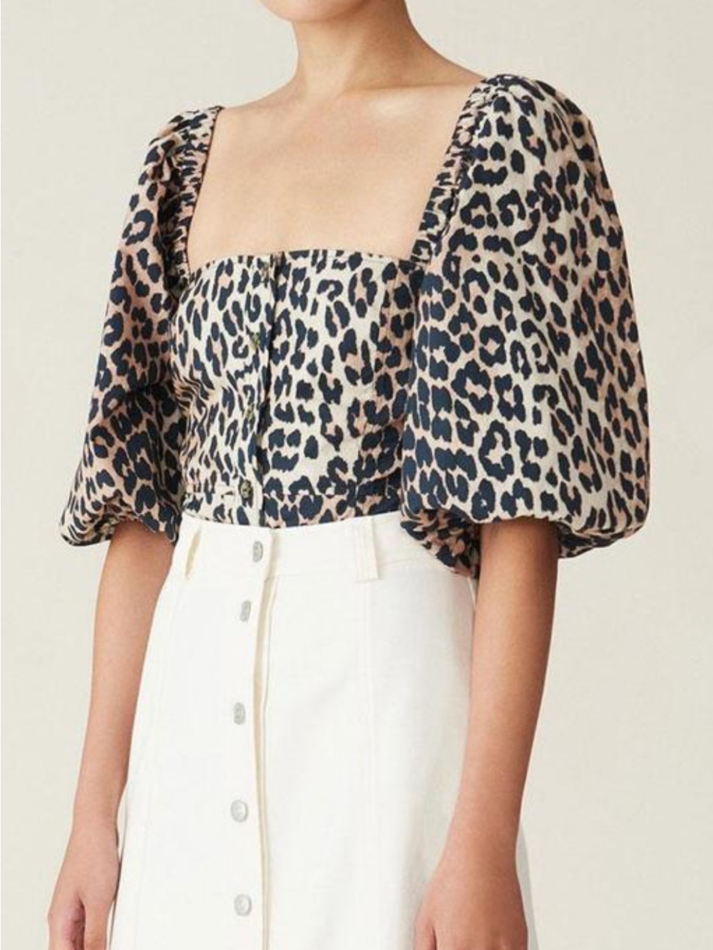 Ganni Printed Cotton Poplin Puff Sleeve Top in Leopard